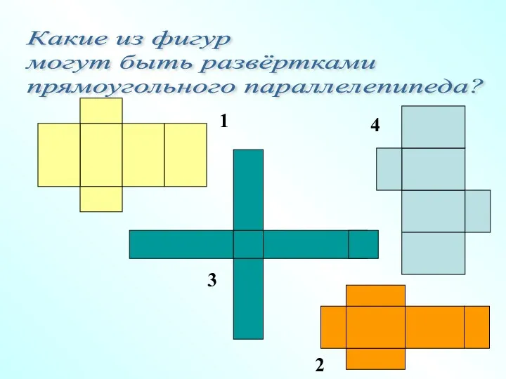 Какие из фигур могут быть развёртками прямоугольного параллелепипеда? 1 2 3 4