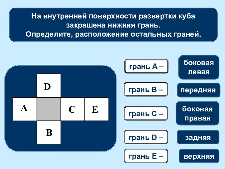 На внутренней поверхности развертки куба закрашена нижняя грань. Определите, расположение