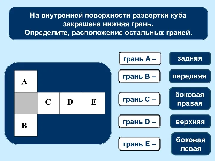 На внутренней поверхности развертки куба закрашена нижняя грань. Определите, расположение