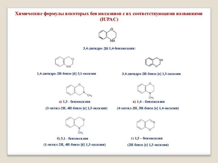 Химические формулы некоторых бензоксазинов с их соответствующими названиями (IUPAC)