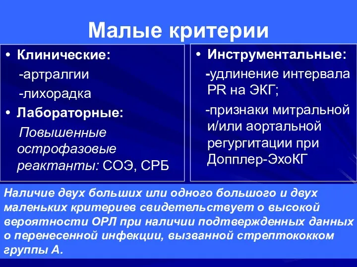 Малые критерии Инструментальные: -удлинение интервала PR на ЭКГ; -признаки митральной