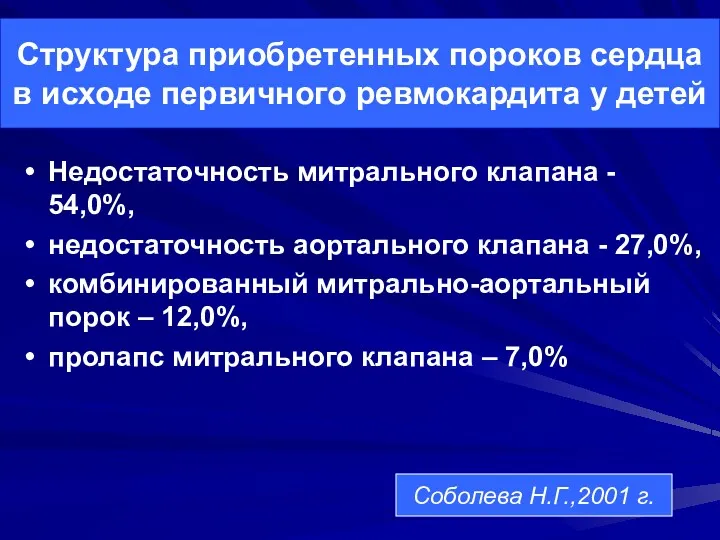 Структура приобретенных пороков сердца в исходе первичного ревмокардита у детей