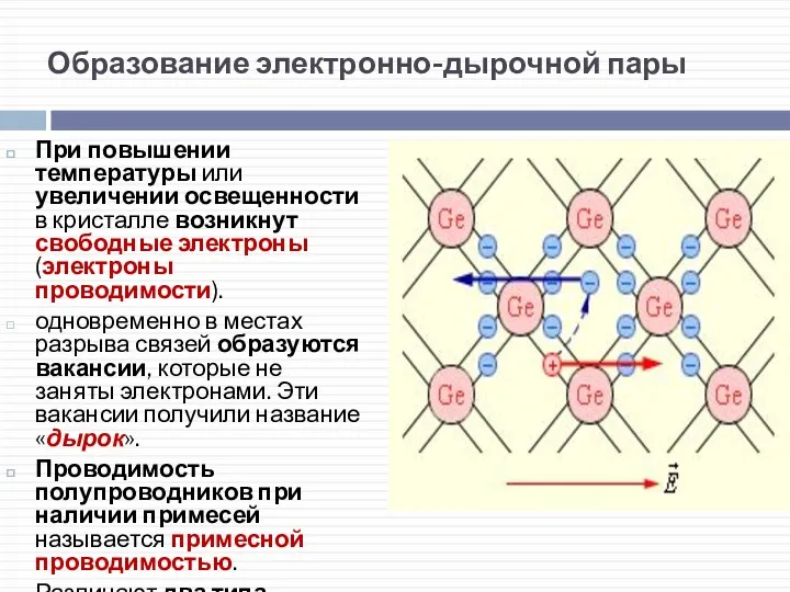 Образование электронно-дырочной пары При повышении температуры или увеличении освещенности в