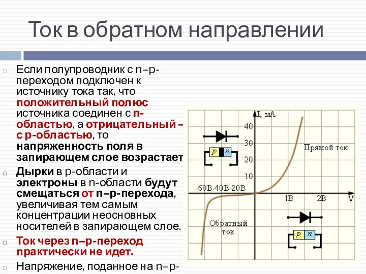 Ток в обратном направлении Если полупроводник с n–p-переходом подключен к