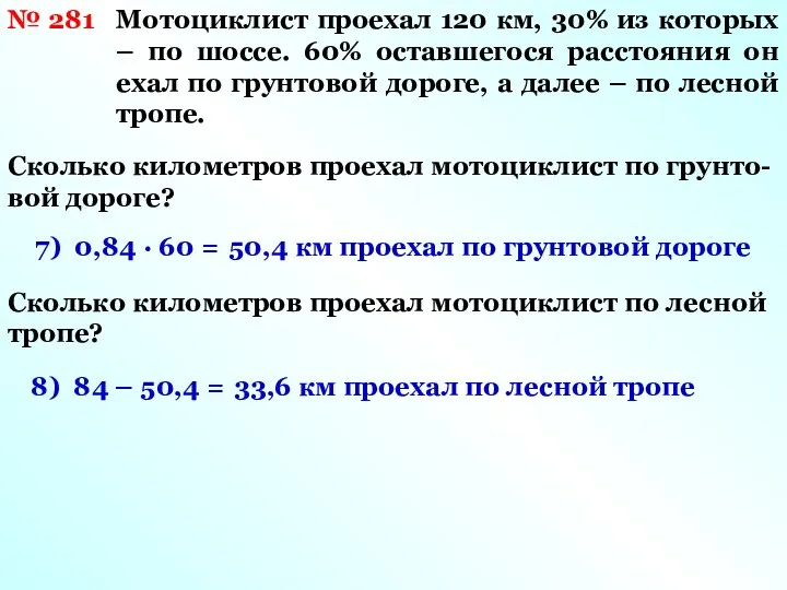 № 281 Мотоциклист проехал 120 км, 30% из которых –