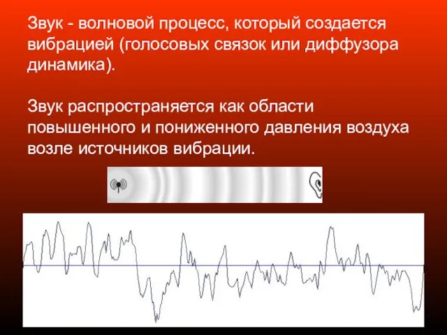 Звук - волновой процесс, который создается вибрацией (голосовых связок или диффузора динамика). Звук