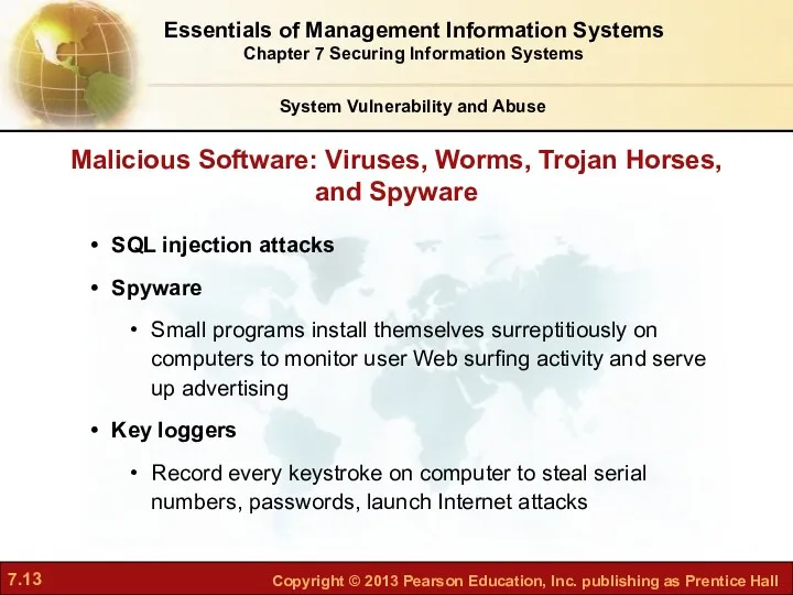 Malicious Software: Viruses, Worms, Trojan Horses, and Spyware SQL injection