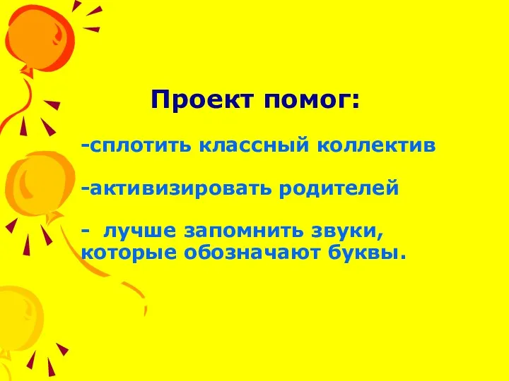 Проект помог: -сплотить классный коллектив -активизировать родителей - лучше запомнить звуки, которые обозначают буквы.