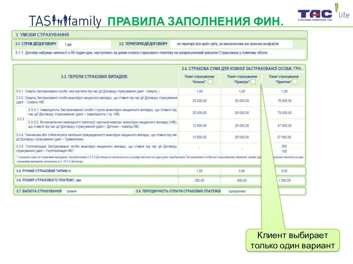 ПРАВИЛА ЗАПОЛНЕНИЯ ФИН.БЛОКА ДОГОВОРА Клиент выбирает только один вариант