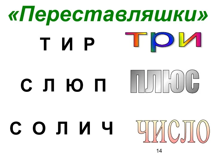 «Переставляшки» Т И Р три плюс число С Л Ю П С О Л И Ч