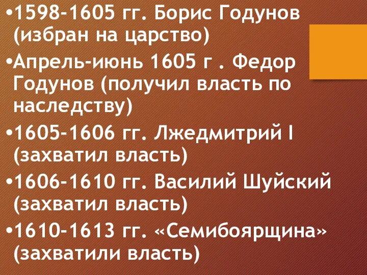 1598-1605 гг. Борис Годунов (избран на царство) Апрель-июнь 1605 г