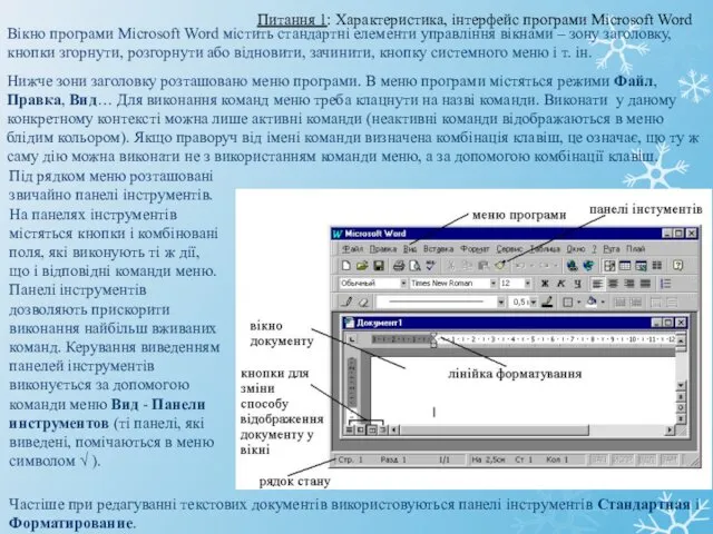 Вікно програми Microsoft Word містить стандартні елементи управління вікнами – зону заголовку, кнопки
