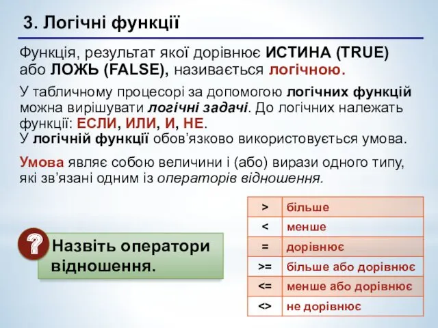 Функція, результат якої дорівнює ИСТИНА (TRUE) або ЛОЖЬ (FALSE), називається