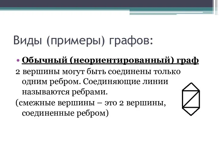 Виды (примеры) графов: Обычный (неориентированный) граф 2 вершины могут быть