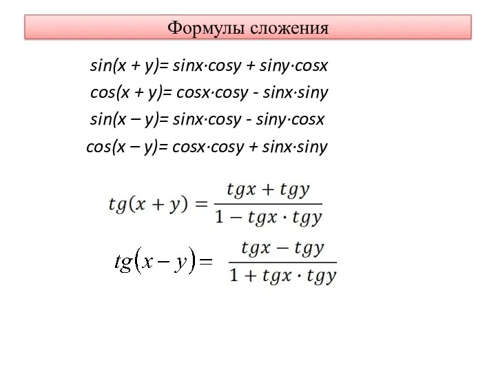 Формулы сложения sin(x + y)= sinx·cosy + siny·cosx cos(x +