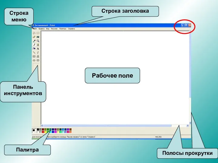 Строка заголовка Строка меню Панель инструментов Палитра Полосы прокрутки Рабочее поле