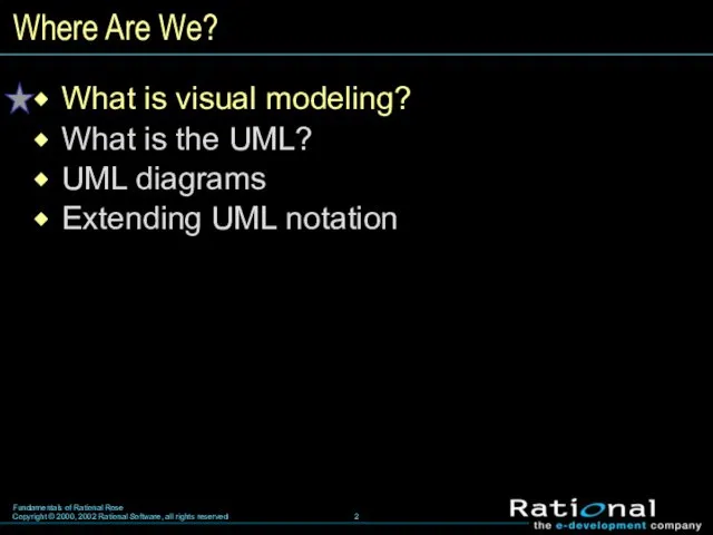 Where Are We? What is visual modeling? What is the UML? UML diagrams Extending UML notation