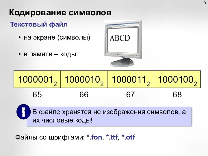 Кодирование символов Текстовый файл на экране (символы) в памяти –