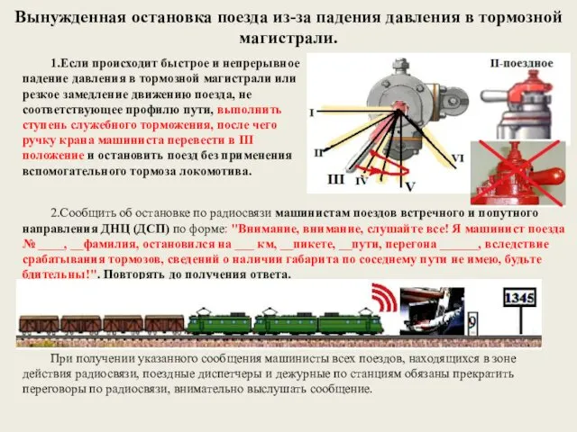 Вынужденная остановка поезда из-за падения давления в тормозной магистрали. 1.Если