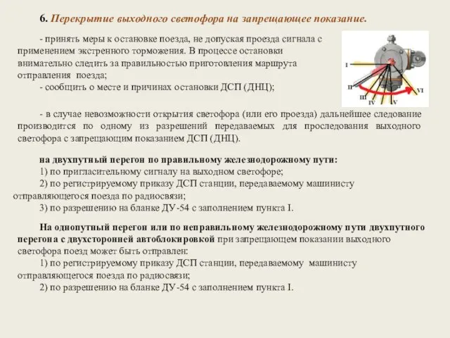 6. Перекрытие выходного светофора на запрещающее показание. - принять меры