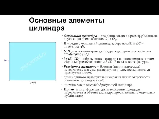 Основные элементы цилиндра Основания цилиндра – два одинаковых по размеру/площади