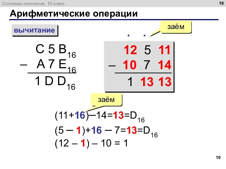 Арифметические операции вычитание С 5 B16 – A 7 E16
