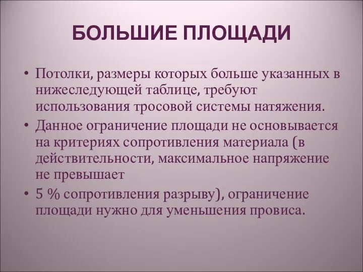 БОЛЬШИЕ ПЛОЩАДИ Потолки, размеры которых больше указанных в нижеследующей таблице,