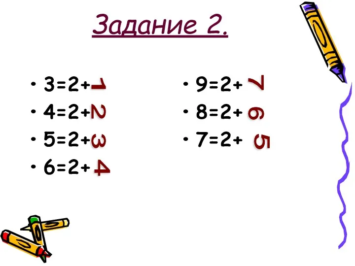 Задание 2. 3=2+ 4=2+ 5=2+ 6=2+ 9=2+ 8=2+ 7=2+ 1 2 3 4 7 6 5