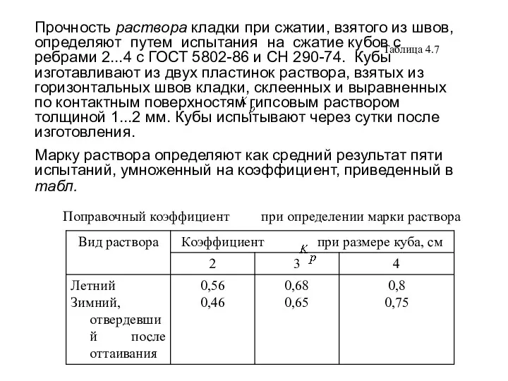 Поправочный коэффициент при определении марки раствора Таблица 4.7 Прочность раствора