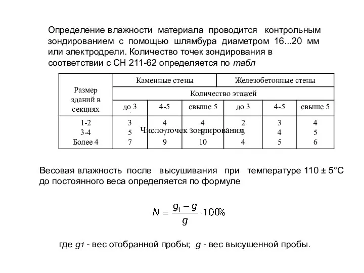 Число точек зондирования Определение влажности материала проводится контрольным зондированием с