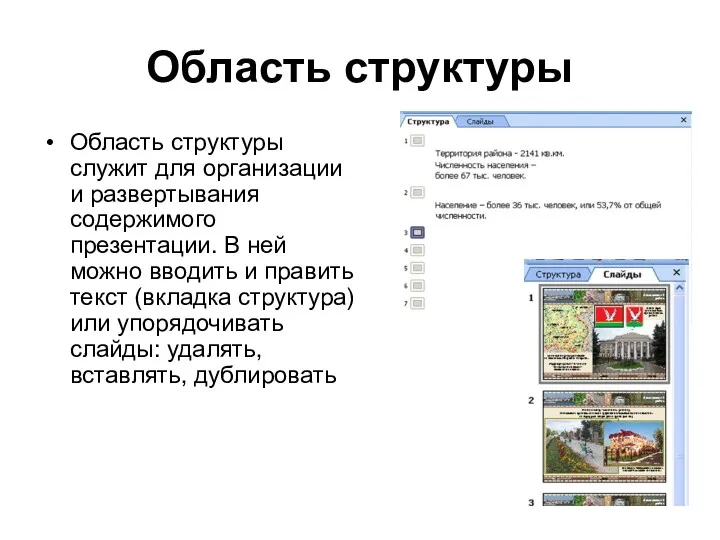 Область структуры Область структуры служит для организации и развертывания содержимого