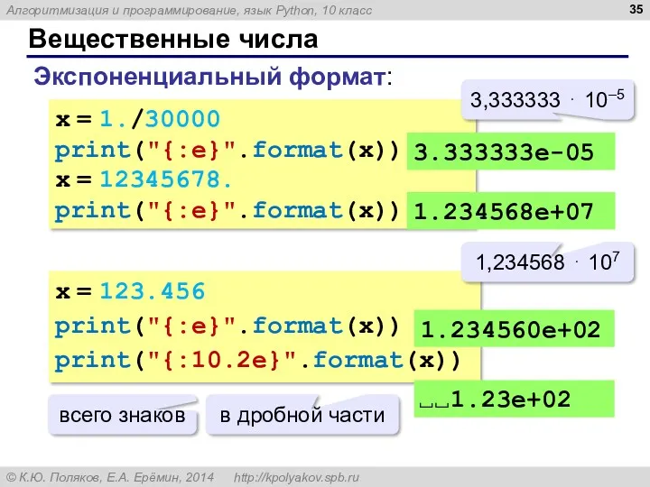 Вещественные числа Экспоненциальный формат: x = 1./30000 print("{:e}".format(x)) x =