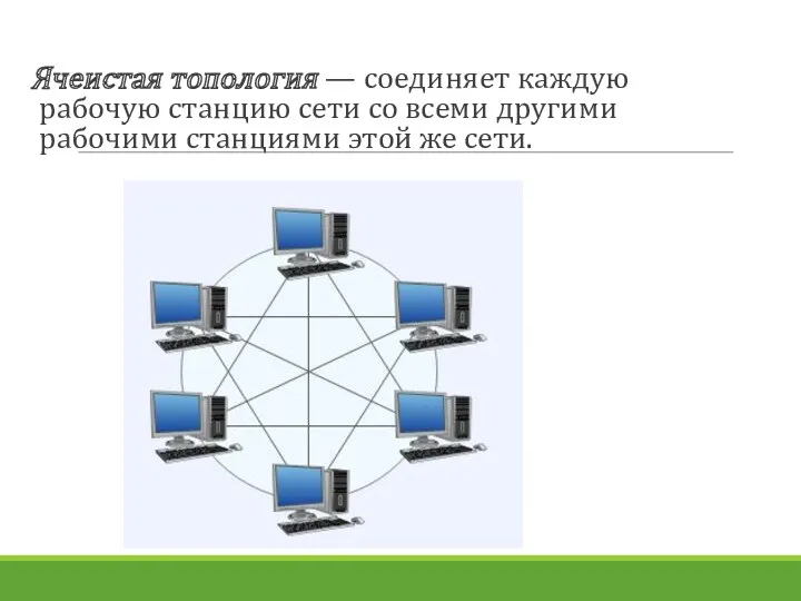 Ячеистая топология — соединяет каждую рабочую станцию сети со всеми другими рабочими станциями этой же сети.