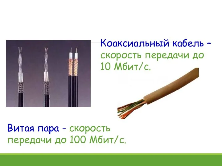 Коаксиальный кабель – скорость передачи до 10 Мбит/с. Витая пара - скорость передачи до 100 Мбит/с.