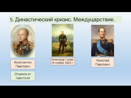 5. Династический кризис. Междуцарствие. Александр I умер 19 ноября 1825 г. Константин Павлович