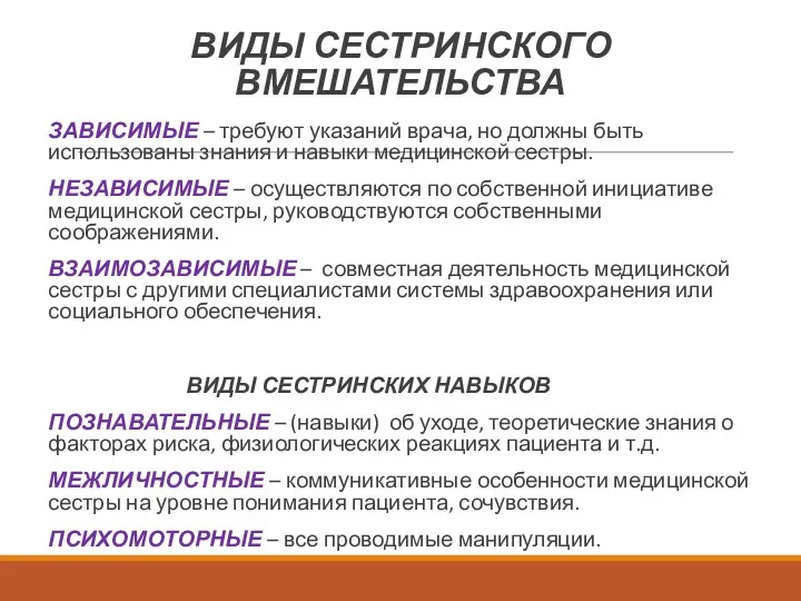 ВИДЫ СЕСТРИНСКОГО ВМЕШАТЕЛЬСТВА ЗАВИСИМЫЕ – требуют указаний врача, но должны