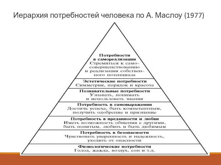 Иерархия потребностей человека по А. Маслоу (1977)