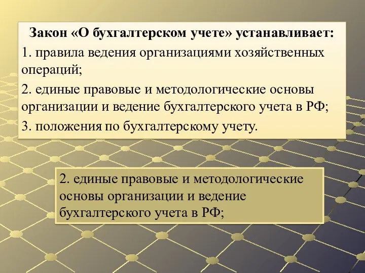 2. единые правовые и методологические основы организации и ведение бухгалтерского