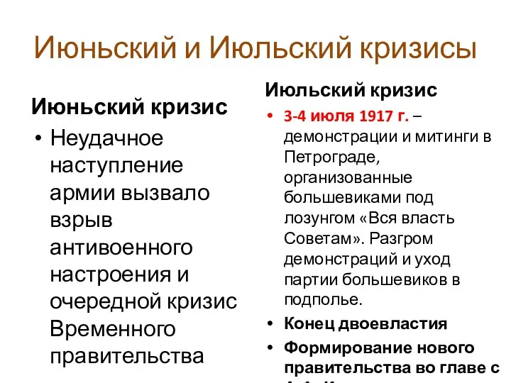 Июньский и Июльский кризисы Июньский кризис Неудачное наступление армии вызвало