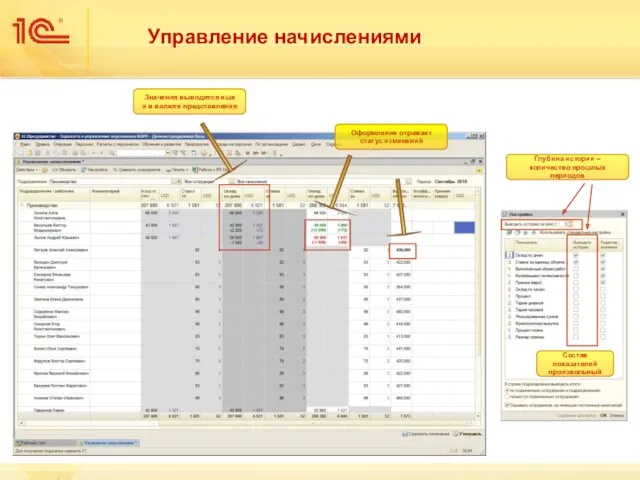 Управление начислениями Состав показателей произвольный Глубина истории – количество прошлых