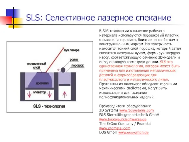 SLS: Селективное лазерное спекание В SLS технологии в качестве рабочего материала используются порошковый