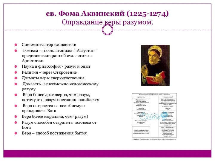 св. Фома Аквинский (1225-1274) Оправдание веры разумом. Систематизатор схоластики Томизм