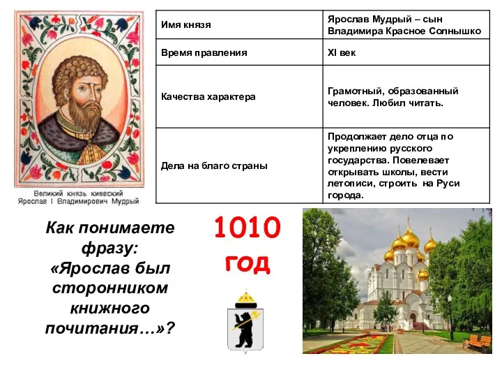 Как понимаете фразу: «Ярослав был сторонником книжного почитания…»? 1010 год
