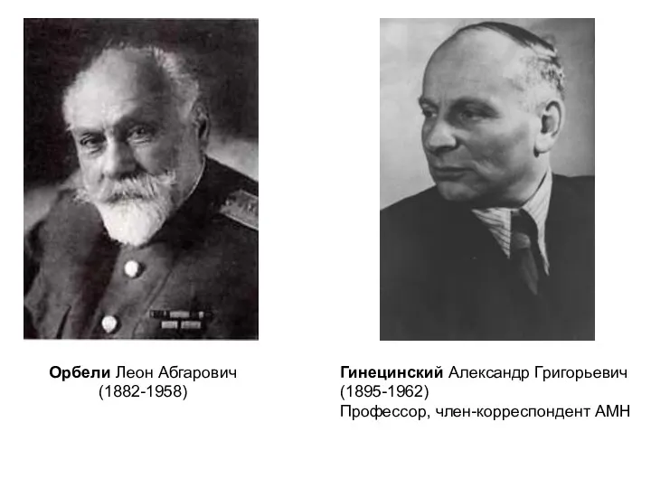 Орбели Леон Абгарович (1882-1958) Гинецинский Александр Григорьевич (1895-1962) Профессор, член-корреспондент АМН
