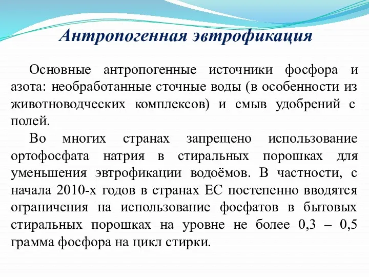 Антропогенная эвтрофикация Основные антропогенные источники фосфора и азота: необработанные сточные