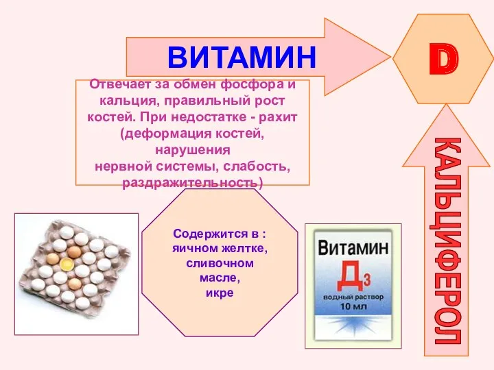 ВИТАМИН D КАЛЬЦИФЕРОЛ Отвечает за обмен фосфора и кальция, правильный