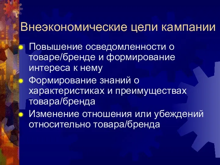 Внеэкономические цели кампании Повышение осведомленности о товаре/бренде и формирование интереса