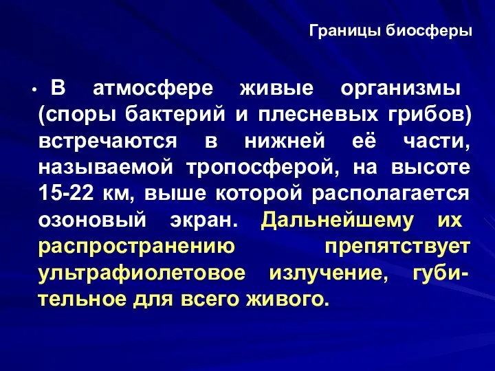 Границы биосферы В атмосфере живые организмы (споры бактерий и плесневых