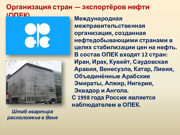 Организация стран — экспортёров нефти (ОПЕК) Международная межправительственная организация, созданная