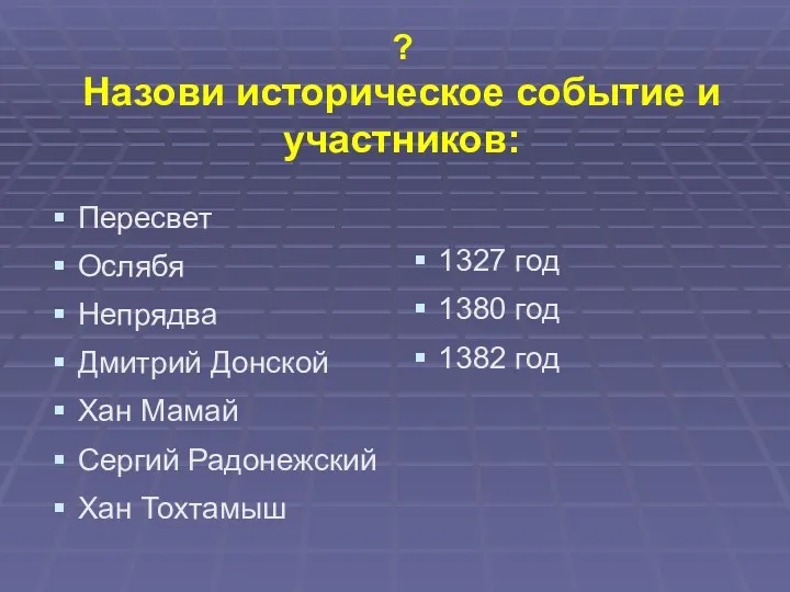 ? Назови историческое событие и участников: Пересвет Ослябя Непрядва Дмитрий